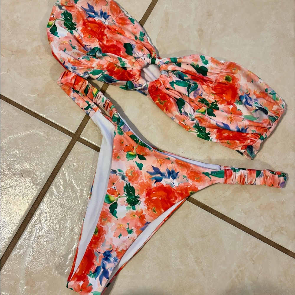 Floral Bandeau Bikini Set - Coral Pink Multicolor